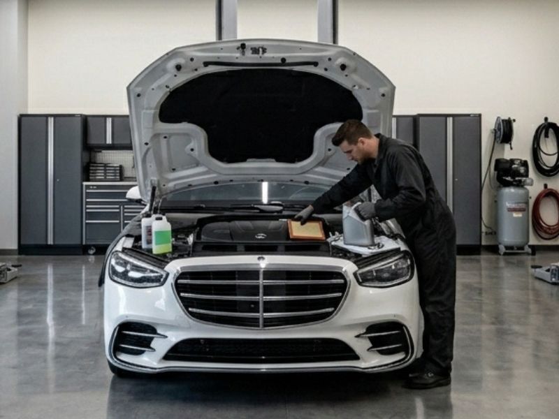 Mercedes mechanics working in a Dubai workshop