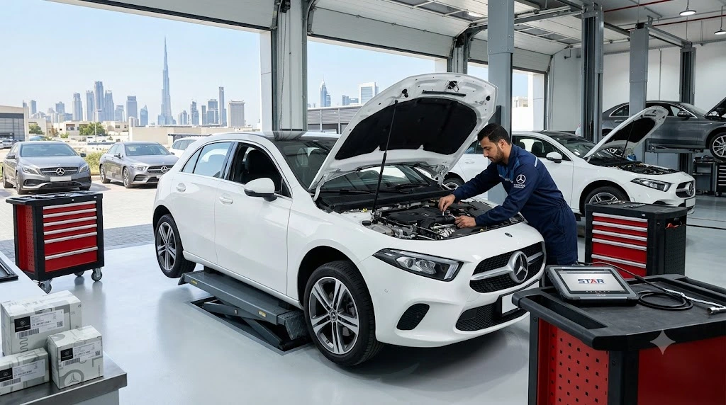 Mercedes A-Class being serviced by a specialist mechanic at an independent Mercedes workshop in Dubai