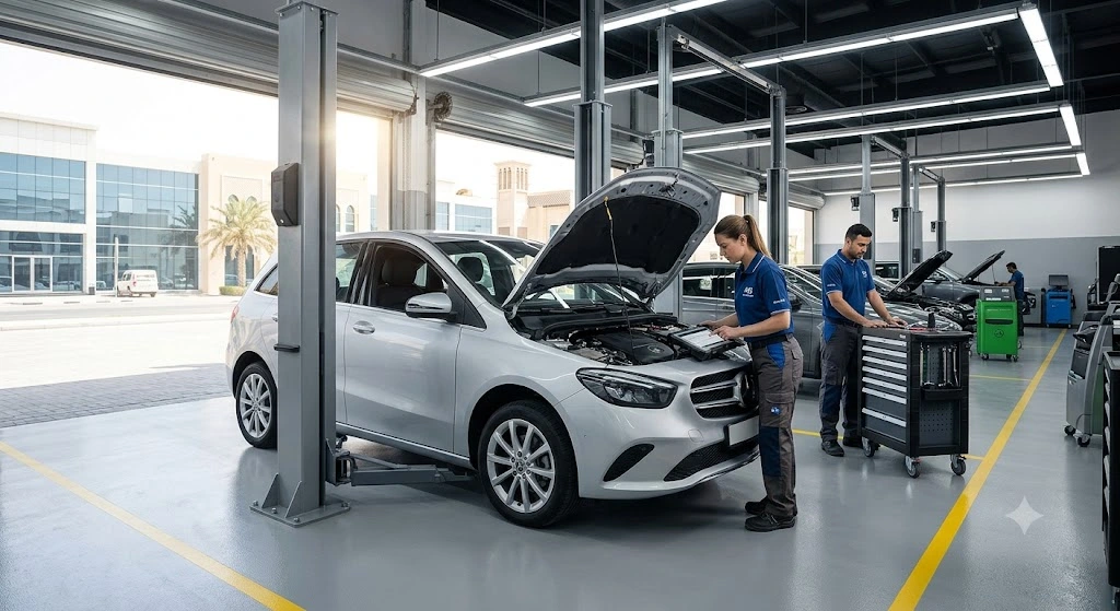 Mercedes B-Class being serviced by a specialist mechanic at an independent Mercedes repair workshop in Dubai