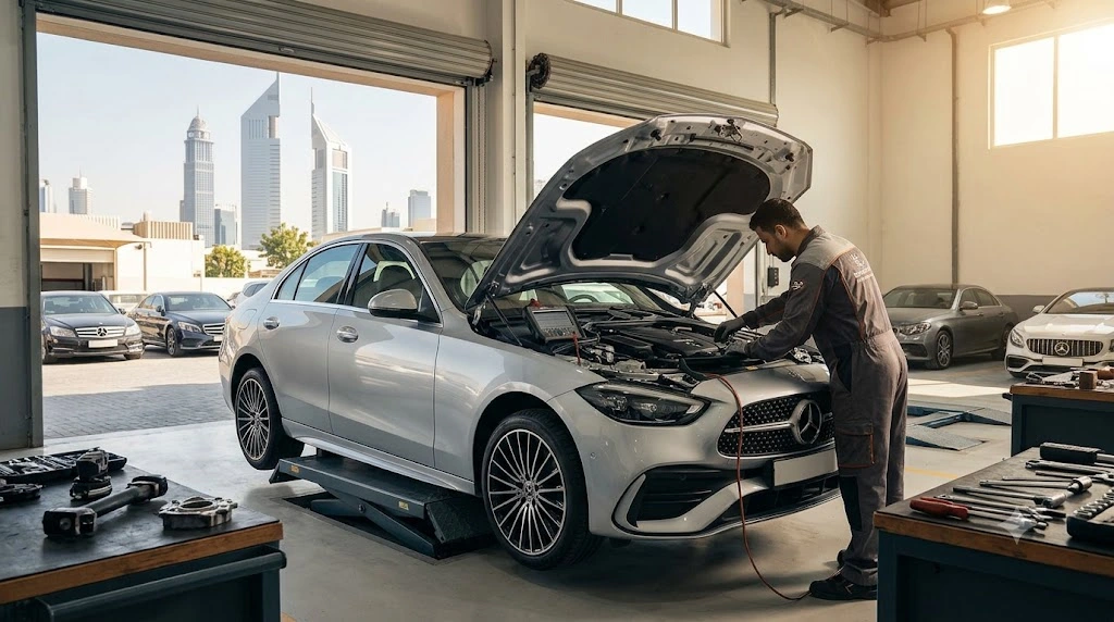 Mercedes C-Class in a Dubai repair workshop being serviced by a Mercedes-trained mechanic