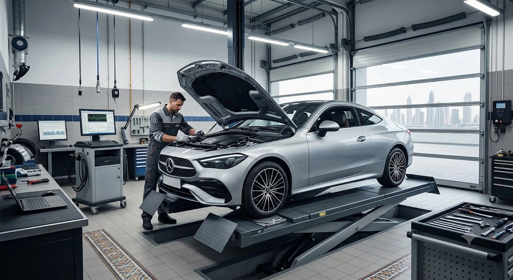 Mercedes CLE coupe being serviced by a specialist Mercedes mechanic in a Dubai workshop