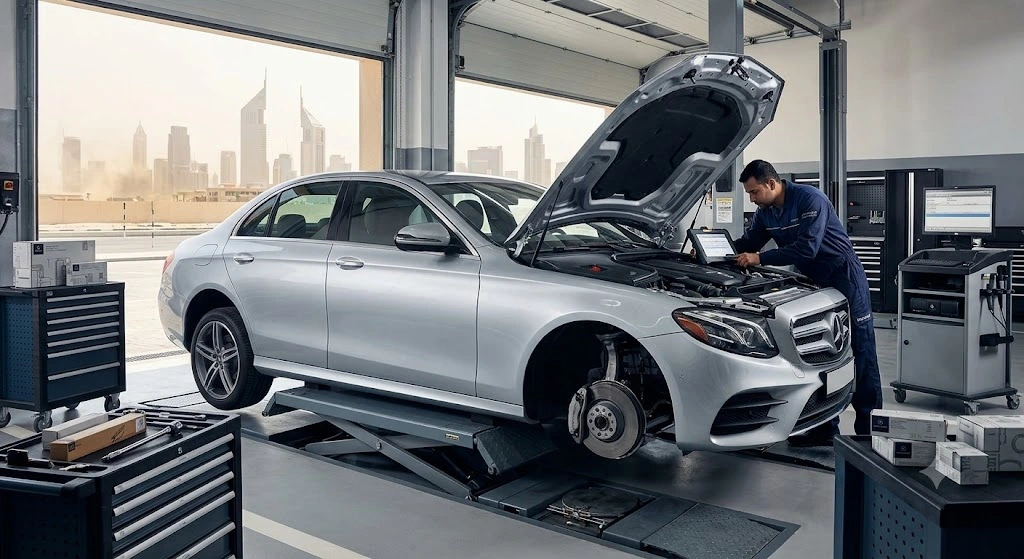 Mercedes E-Class being repaired and serviced by a specialist mechanic at an independent workshop in Dubai