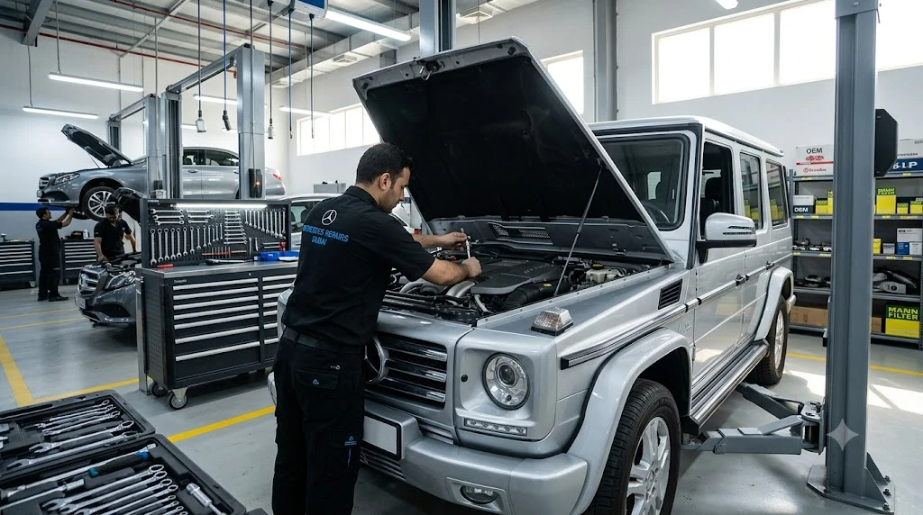Mercedes G-Class G-Wagon being serviced by a specialist mechanic at a Mercedes repair workshop in Dubai