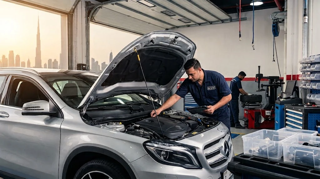 Mercedes GLA being serviced by a specialist mechanic at an independent Mercedes repair workshop in Dubai