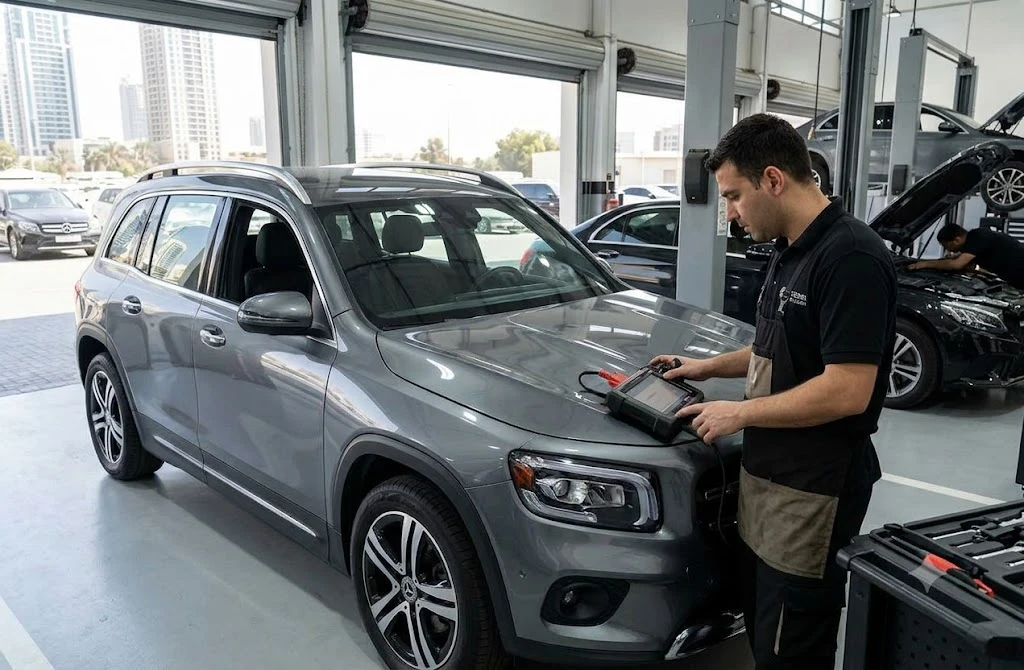 Mercedes GLB being serviced by a specialist Mercedes mechanic at an independent workshop in Dubai