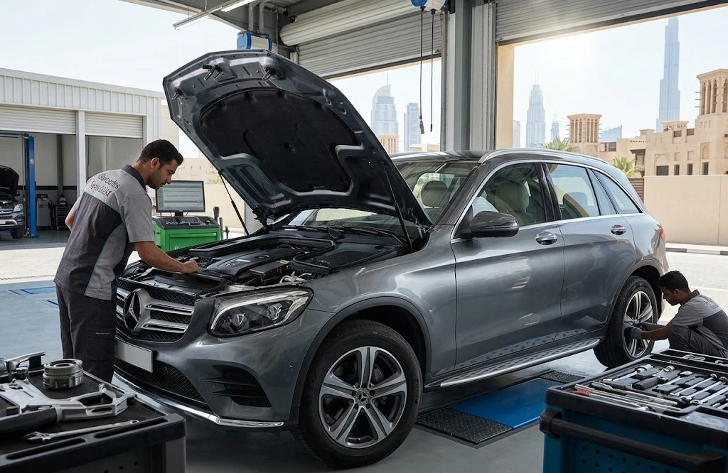 Mercedes GLC undergoing repair and service at an independent Mercedes specialist workshop in Dubai