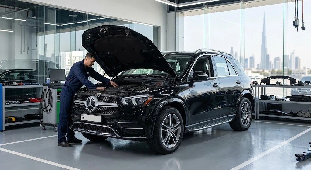 Mercedes GLE undergoing repair and service at an independent Mercedes specialist workshop in Dubai