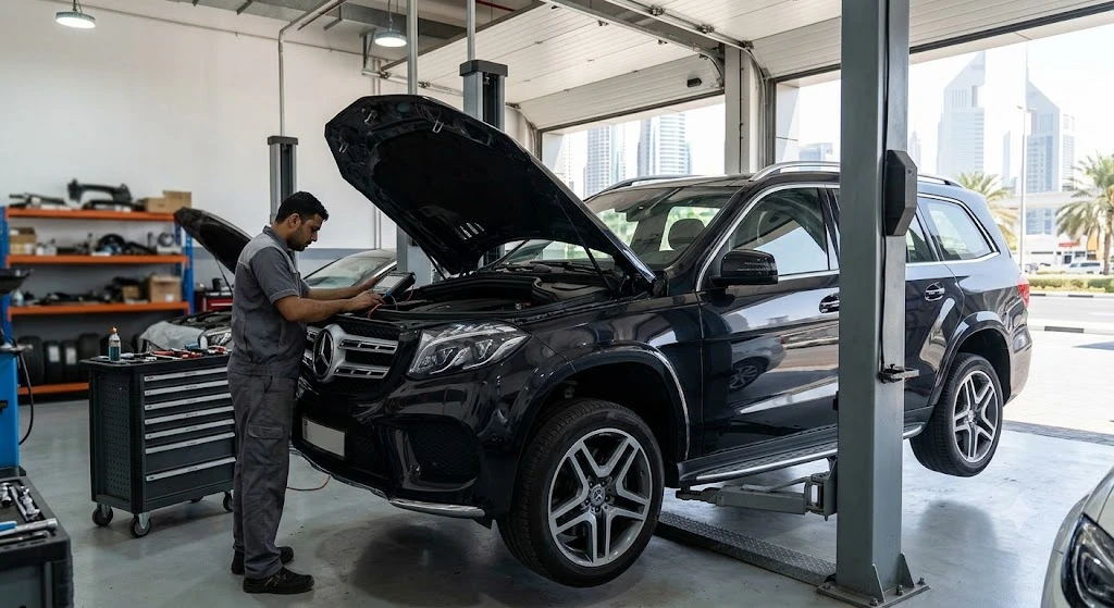 Mercedes GLS SUV being serviced by a specialist mechanic at an independent Mercedes repair workshop in Dubai