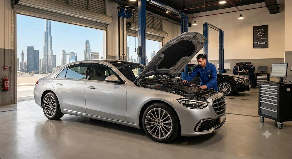 Mercedes S-Class being serviced by a specialist mechanic at an independent Mercedes repair workshop in Dubai