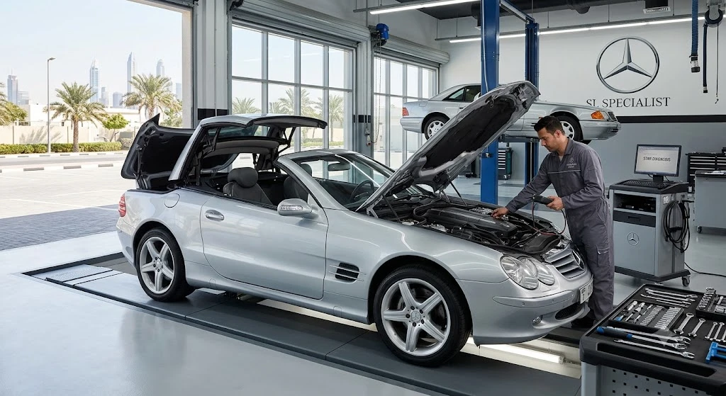 Mercedes-Benz SL roadster being serviced by a specialist Mercedes SL mechanic in a Dubai workshop
