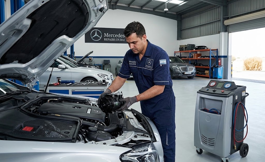 Mercedes AC compressor replacement in Dubai being carried out by a specialist mechanic in an independent workshop