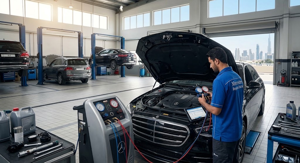 Mercedes AC repair and service specialist recharging car air conditioning in a Dubai workshop