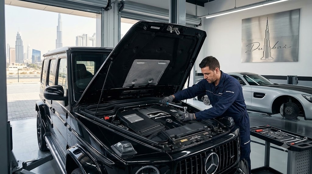 Mercedes AMG performance car being serviced by a specialist mechanic at an independent Mercedes AMG workshop in Dubai