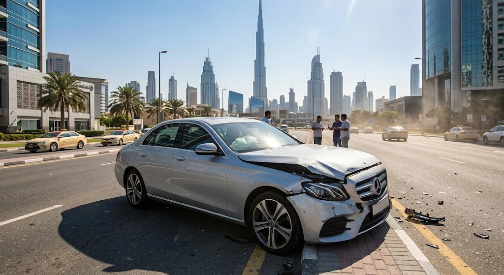 Mercedes accident and collision repair Dubai specialist restoring a damaged Mercedes-Benz body panel and paint