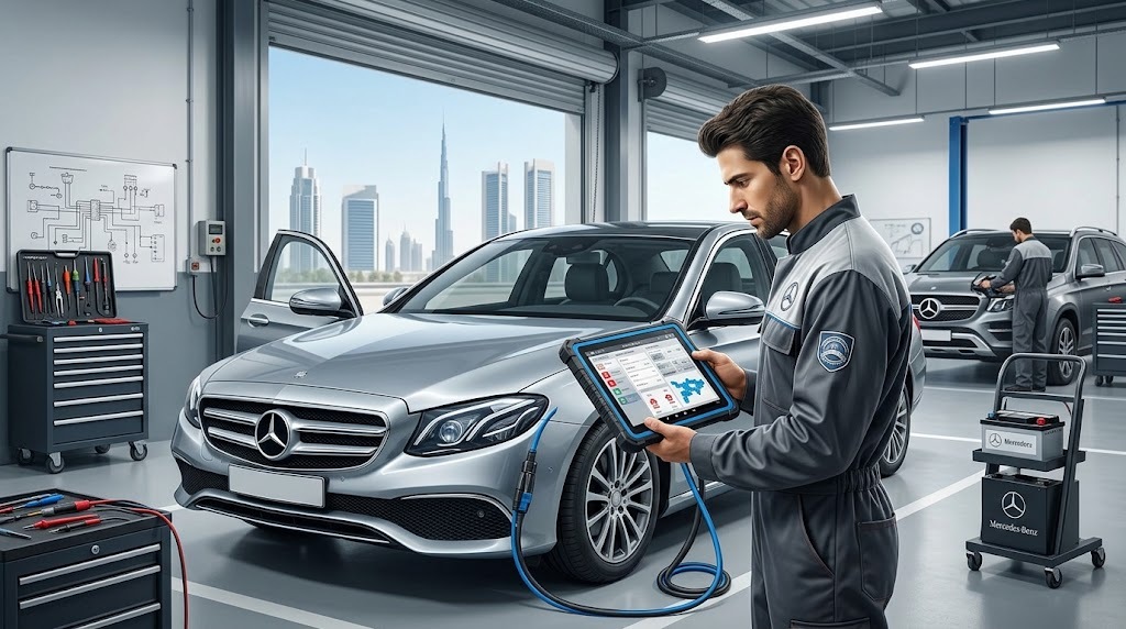 Mercedes auto electrical and diagnostics repair in Dubai — technician reading fault codes with a genuine Mercedes diagnostic scanner