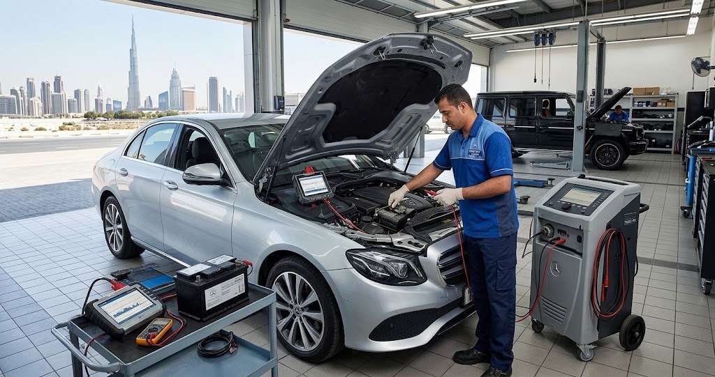 Mercedes-Benz on a 4-wheel computerised wheel alignment machine at a specialist workshop in Dubai