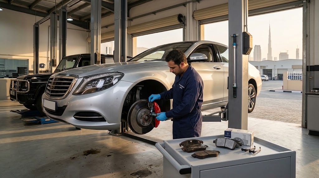 Mercedes brake pad replacement in Dubai with new front and rear brake pads and discs fitted by a specialist mechanic