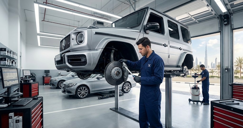 Mercedes-Benz brake disc and caliper being inspected during brake repair and service at an independent specialist workshop in Dubai