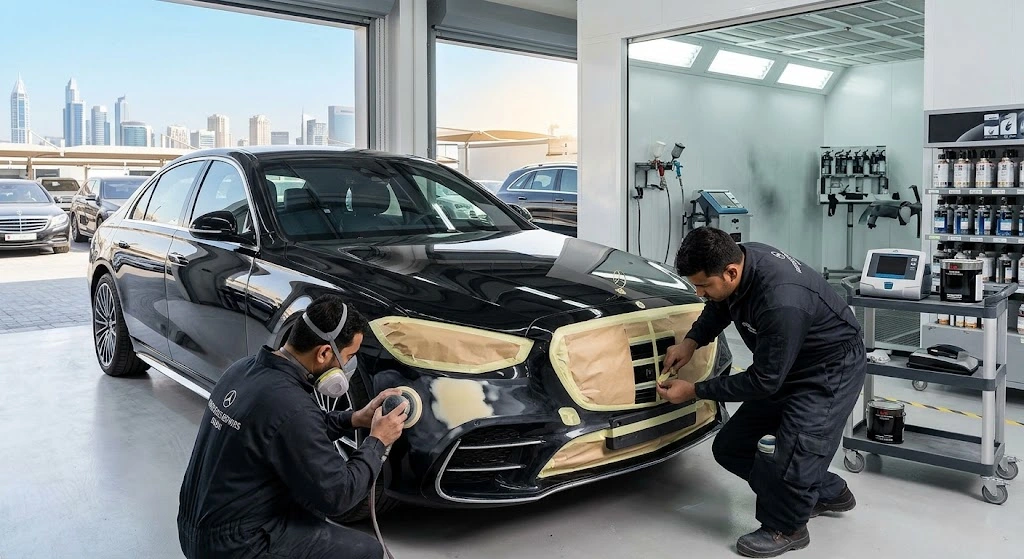 Mercedes bumper repair and bumper painting specialist in Dubai restoring a scuffed Mercedes-Benz front bumper