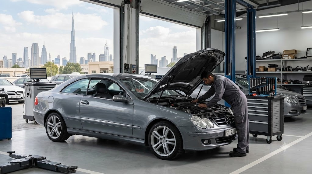 Mercedes CLK coupe being serviced by a Mercedes CLK mechanic at an independent Mercedes CLK workshop in Dubai