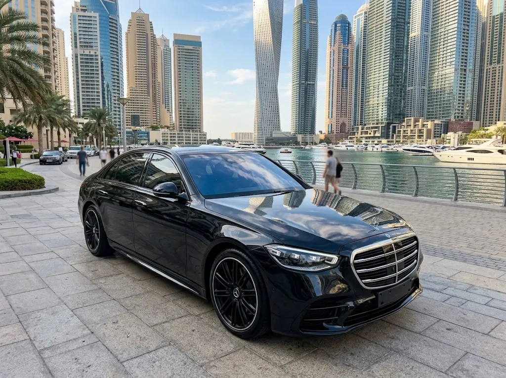 Glossy Mercedes-Benz after professional ceramic coating in Dubai with hydrophobic paint protection
