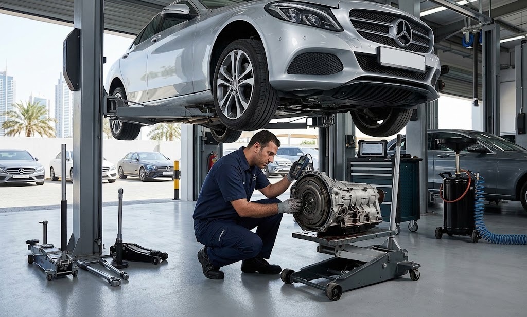 Mercedes clutch repair specialist in Dubai inspecting a Mercedes-Benz clutch and flywheel assembly