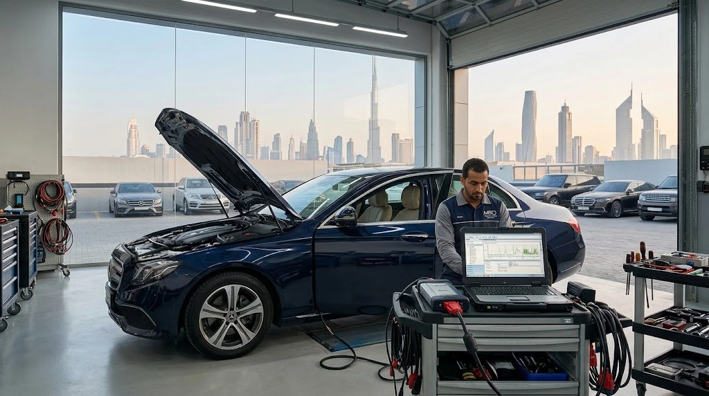 Mercedes Computer Diagnostics and ECU Coding in Dubai using a Mercedes-grade diagnostic scanner on a workshop laptop