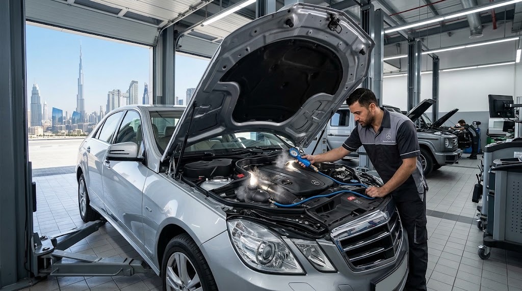 Mercedes coolant leak repair in Dubai - specialist mechanic pressure testing a Mercedes-Benz cooling system