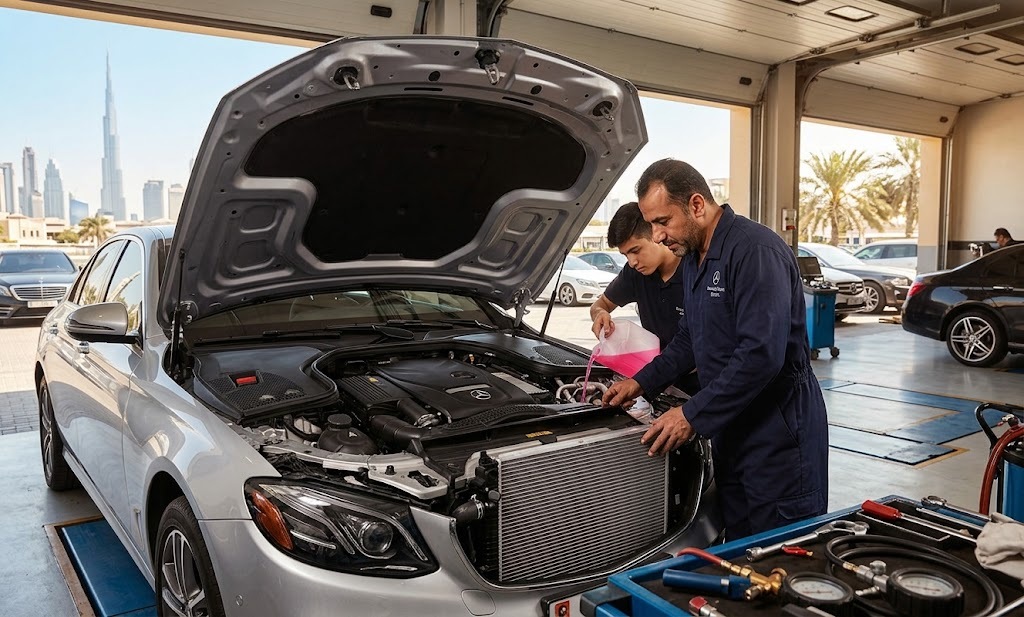 Mercedes cooling system and radiator repair in Dubai with a mechanic inspecting the radiator and coolant system