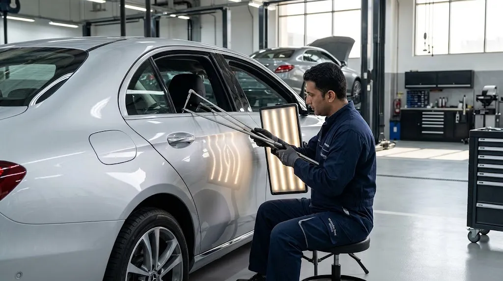 Technician performing Mercedes paintless dent repair on a car door panel in a Dubai workshop