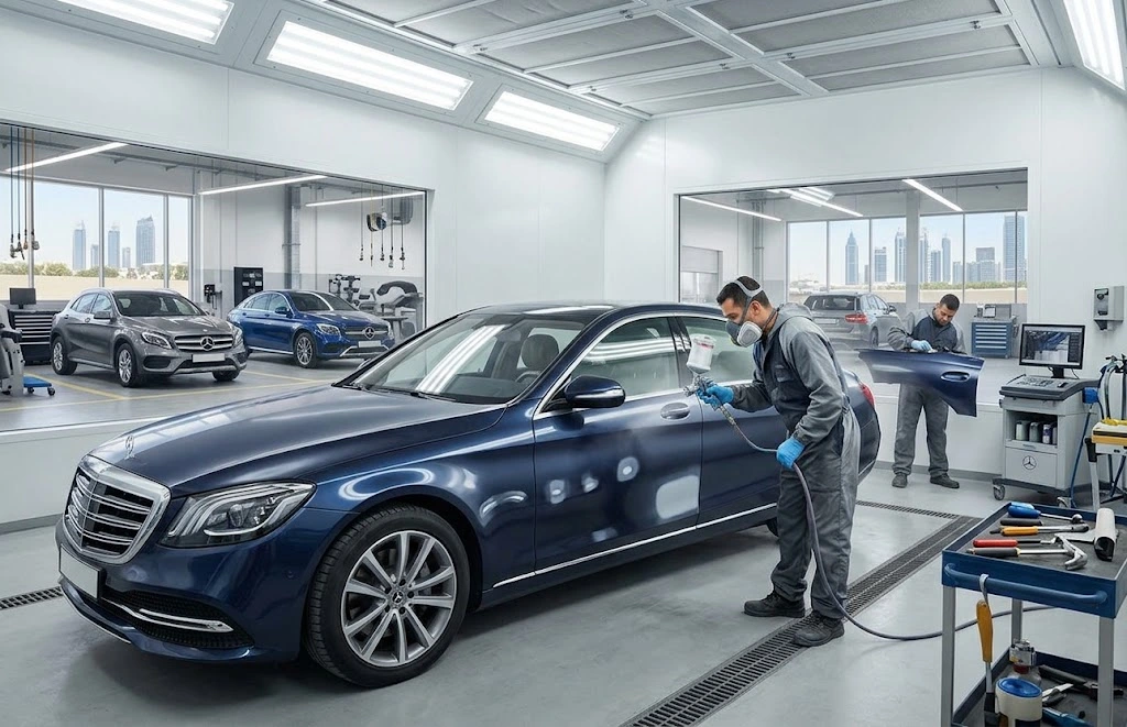Mercedes Denting and Painting Dubai specialist restoring a colour-matched Mercedes-Benz panel in a professional spray booth