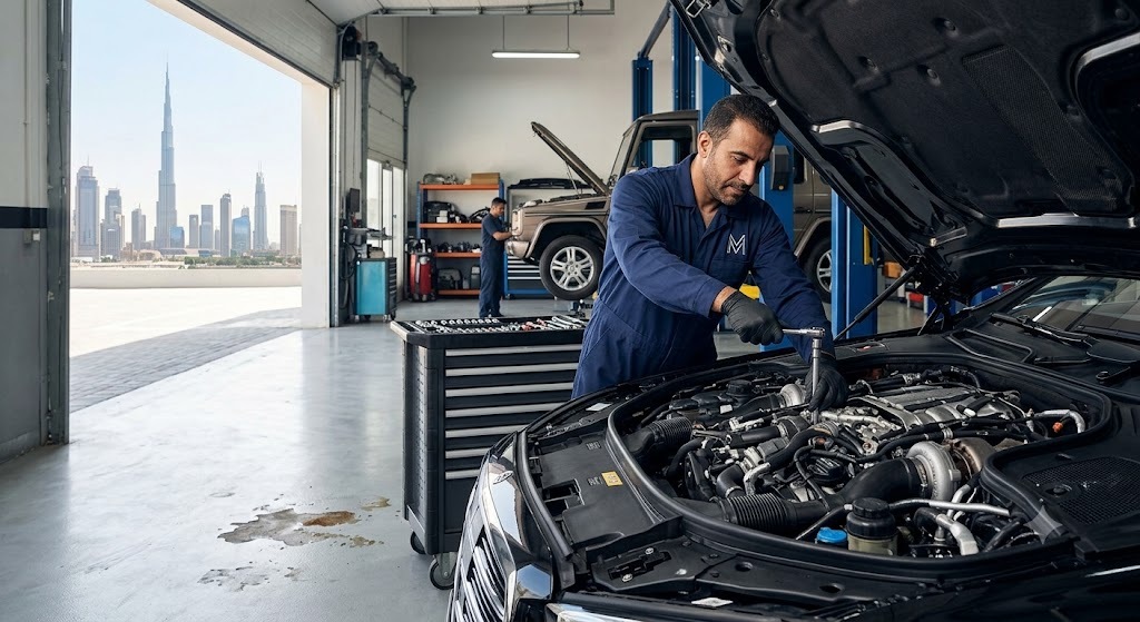 Mercedes engine repair specialist in Dubai diagnosing a Mercedes-Benz engine in an independent workshop