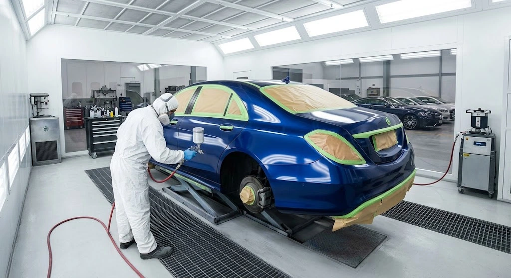 Mercedes Full Body Painting Dubai specialist respraying a Mercedes-Benz to a showroom-quality finish