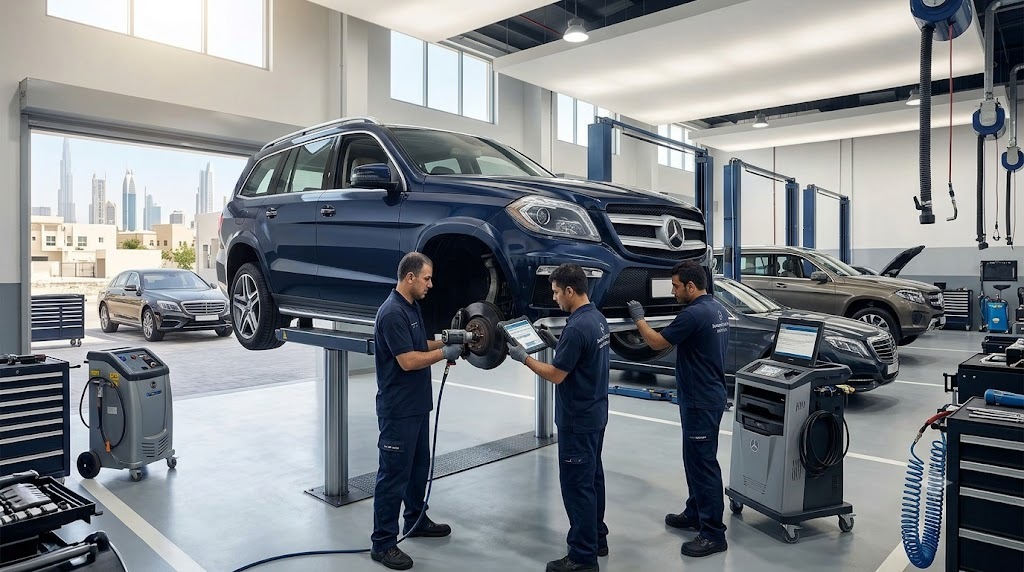 Mercedes GL-Class SUV being repaired and serviced at an independent Mercedes workshop in Dubai