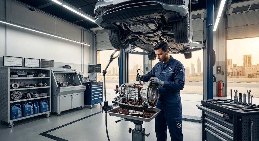 Mercedes gearbox and transmission repair specialist in Dubai servicing a 7G-Tronic automatic transmission
