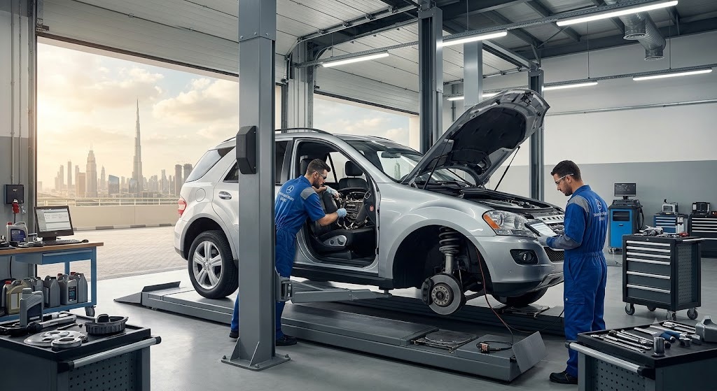 Mercedes ML-Class SUV being serviced by a specialist mechanic at an independent Mercedes workshop in Dubai