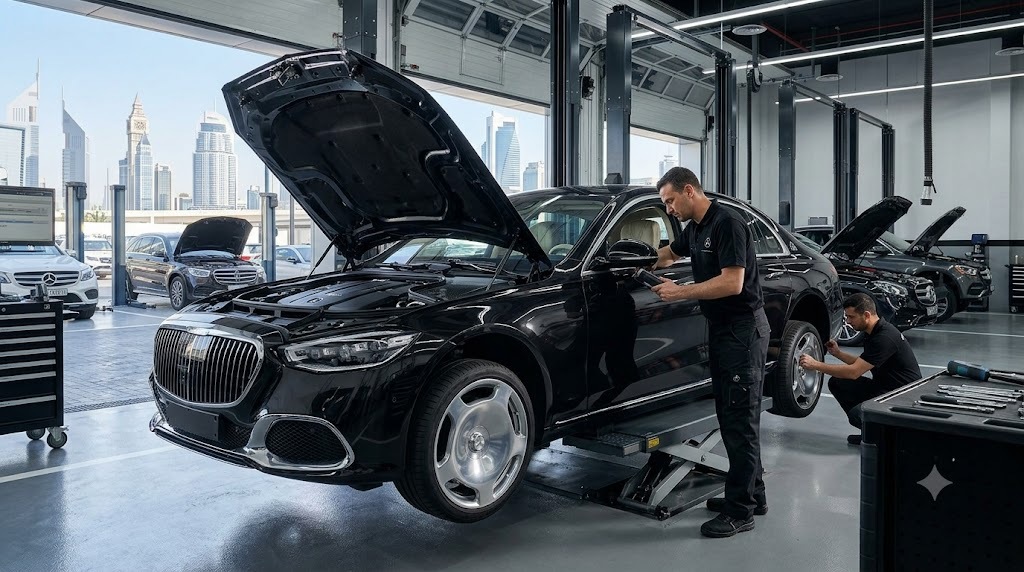 Mercedes Maybach S-Class being serviced by an independent Mercedes specialist workshop in Dubai