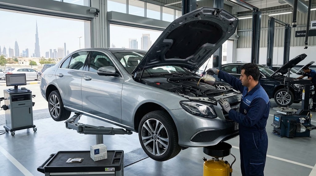 Mercedes-Benz on a workshop lift during a Mercedes oil change and periodic service in Dubai