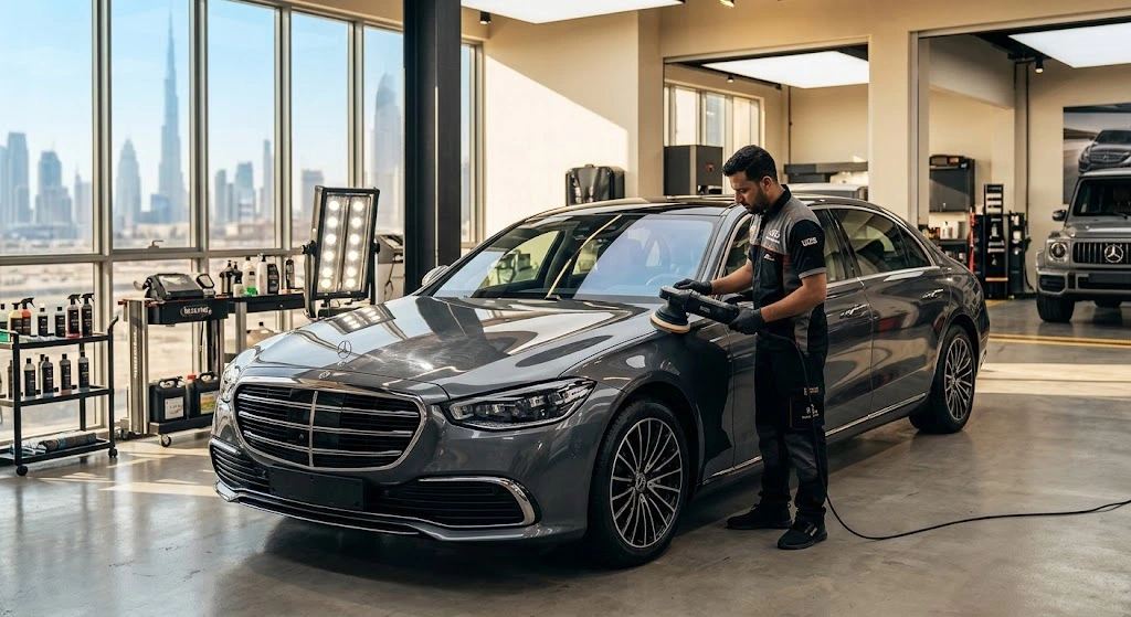 Mercedes Polishing and Detailing in Dubai - technician machine polishing a Mercedes-Benz to a mirror gloss finish