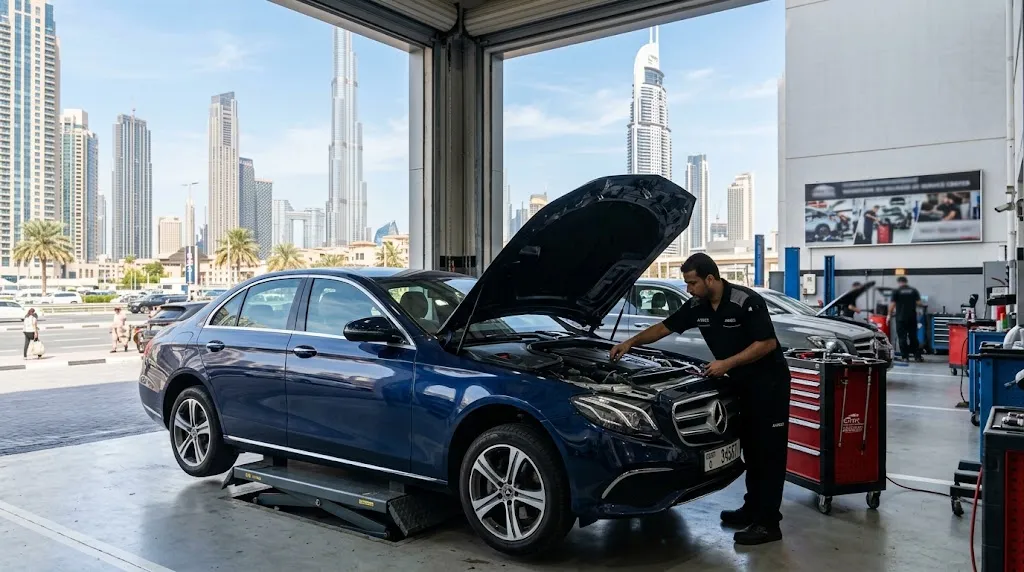Mercedes repair specialist servicing a Mercedes-Benz for a Downtown Dubai owner