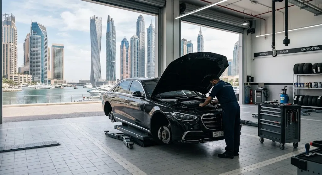 Independent Mercedes-Benz specialist mechanic servicing a car for Dubai Marina owners