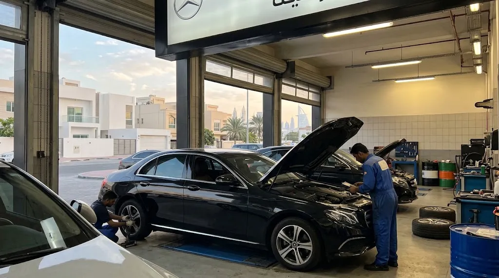 Mercedes-Benz being serviced by a specialist Mercedes mechanic for owners in Jumeirah, Dubai