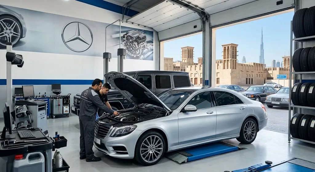 Mercedes-Benz being serviced by a specialist Mercedes mechanic for Bur Dubai owners in Dubai