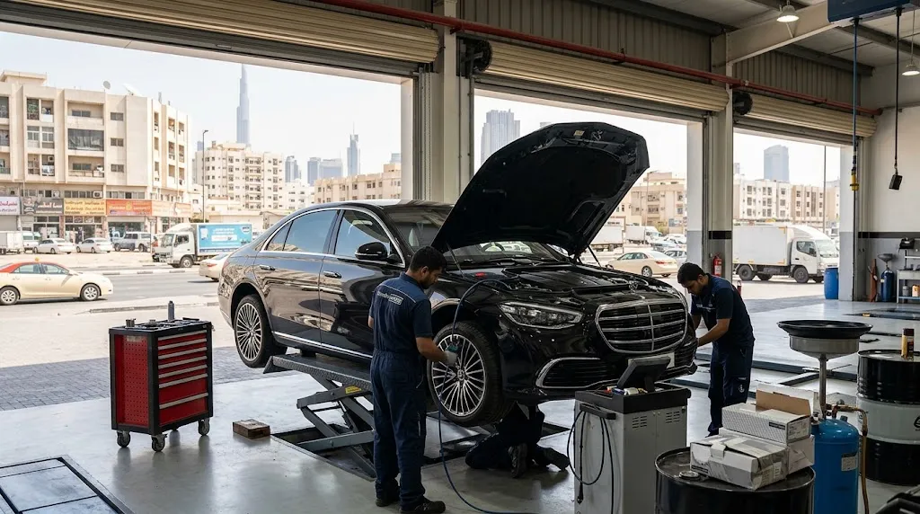 Mercedes-Benz being serviced by a specialist mechanic at a Mercedes repair workshop for Deira Dubai customers