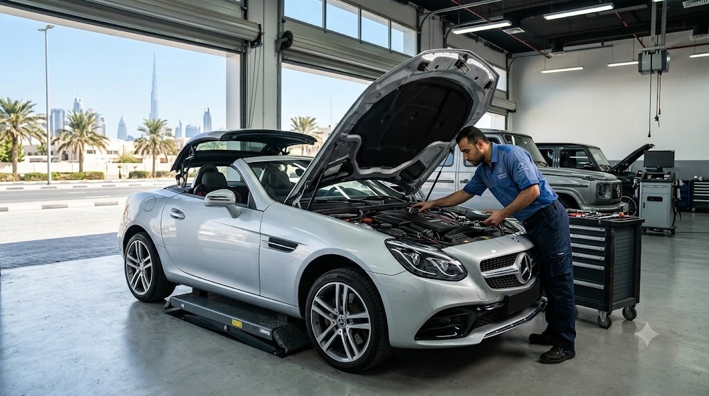 Mercedes SLC roadster being serviced by a specialist mechanic at an independent Mercedes SLC workshop in Dubai