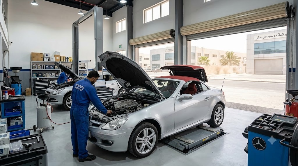 Mercedes SLK roadster with roof down being serviced at an independent Mercedes SLK workshop in Dubai