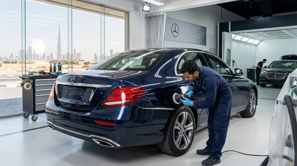 Mercedes Scratch Repair Dubai specialist blending fresh paint into a scratched Mercedes-Benz panel