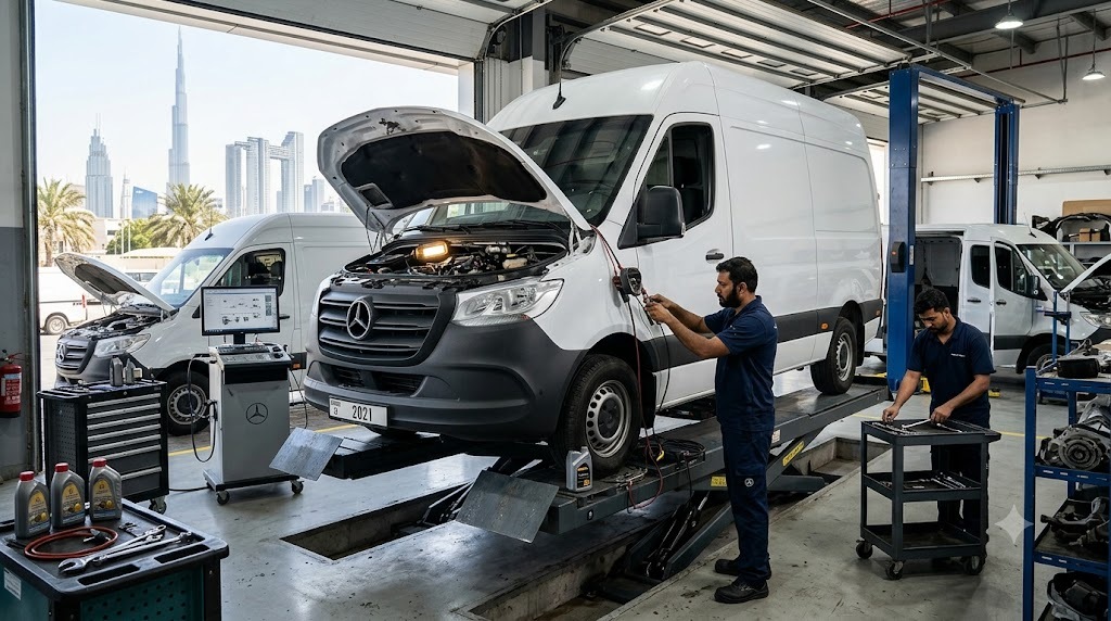 Mercedes Sprinter van being serviced by a specialist Mercedes Sprinter mechanic in a Dubai workshop