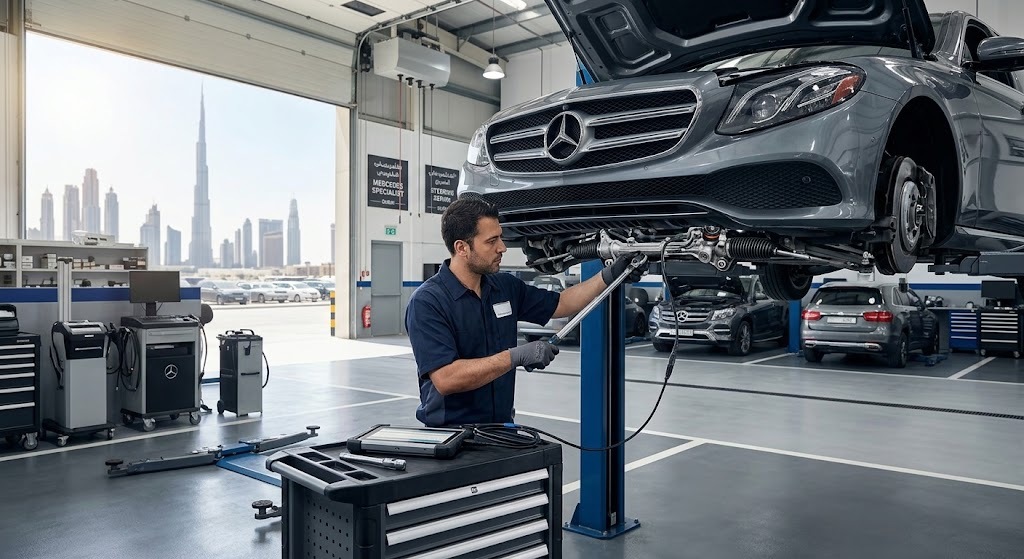 Mercedes steering repair specialist in Dubai inspecting a Mercedes-Benz steering rack and power steering system