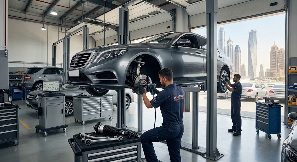 Mercedes suspension repair in Dubai with AIRMATIC air suspension and shock absorber inspection on a lift